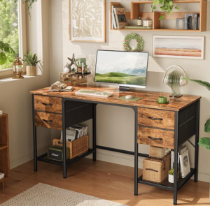 Creative home office space featuring a stylish desk, bookshelves, and a cozy ambiance.